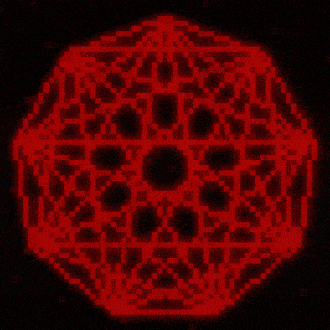 gif alt, a bright red nonagon shape with lines interconnecting each of the vertices on the inside, leaving a small empty circle in the center. text flashes in the space reading "nonagon infinity opens the door. wait for the answer to open the door"